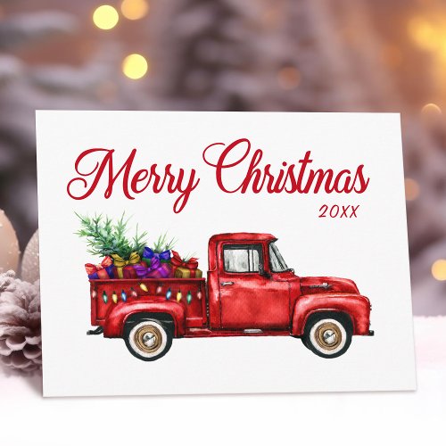 Vintage Red Truck Gifts Tree Merry Christmas Year Postcard