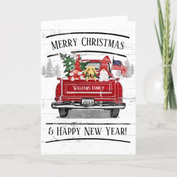 Vintage Red Truck Gnome Couple Dog Patriotic Holiday Card by ilovedigis at Zazzle