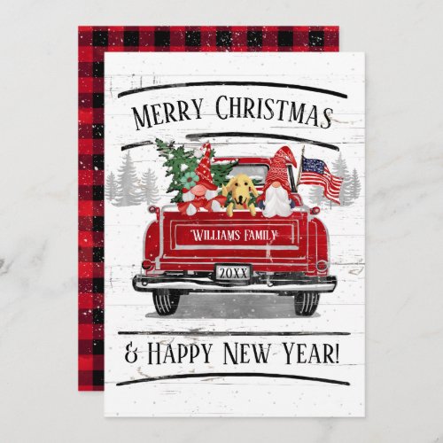 Vintage Red Truck Gnome Couple Dog Patriotic Plaid Holiday Card