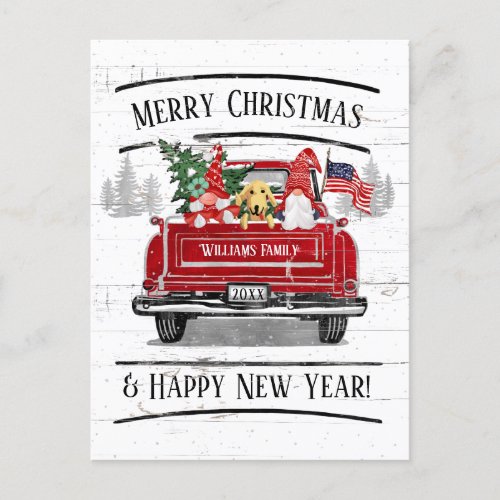 Vintage Red Truck Gnome Couple Dog Patriotic Xmas Holiday Postcard