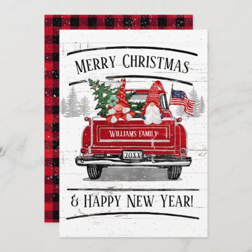 Vintage Red Truck Gnome Couple Patriotic Christmas Holiday Card