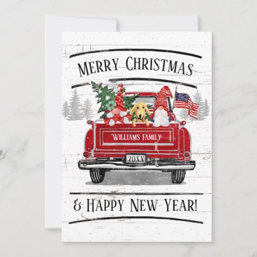 Vintage Red Truck Gnome Dog Couple Patriotic Xmas Holiday Card
