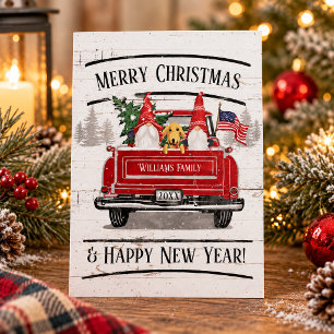 Vintage Red Truck Gnome Dog Patriotic Christmas Holiday Card