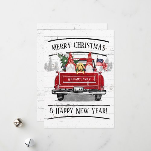 Vintage Red Truck Gnome Dog Patriotic Christmas Holiday Card
