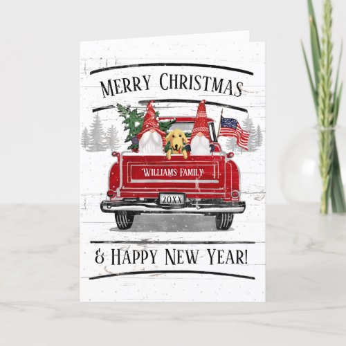 Vintage Red Truck Gnomes Dog Patriotic Christmas Holiday Card