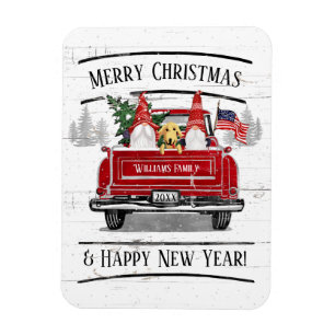 Vintage Red Truck Gnomes Dog Patriotic Christmas Magnet