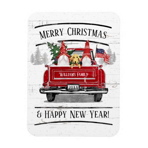 Vintage Red Truck Gnomes Dog Patriotic Christmas Magnet