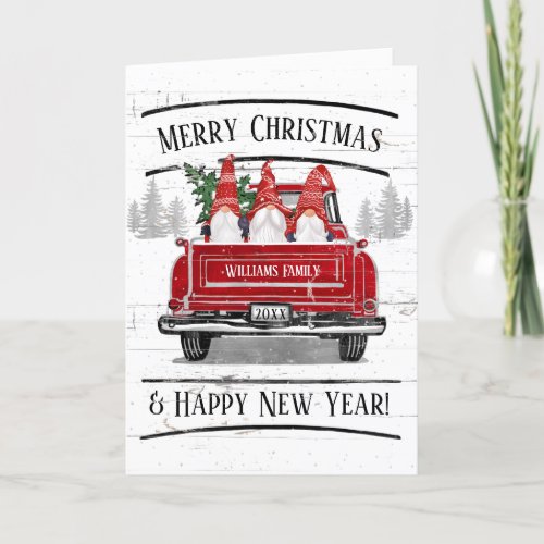 Vintage Red Truck Gnomes Rustic Christmas Tree Holiday Card