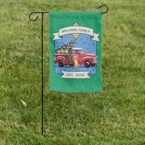 Vintage Red Truck Golden Retriever Dog Family Name Garden Flag