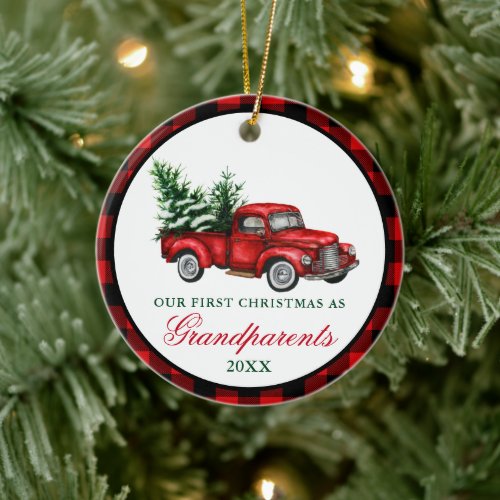 Vintage Red Truck Grandparents Christmas Plaid Ceramic Ornament