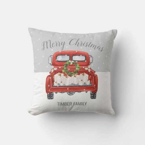 Vintage Red Truck Gray White Christmas Throw Pillow