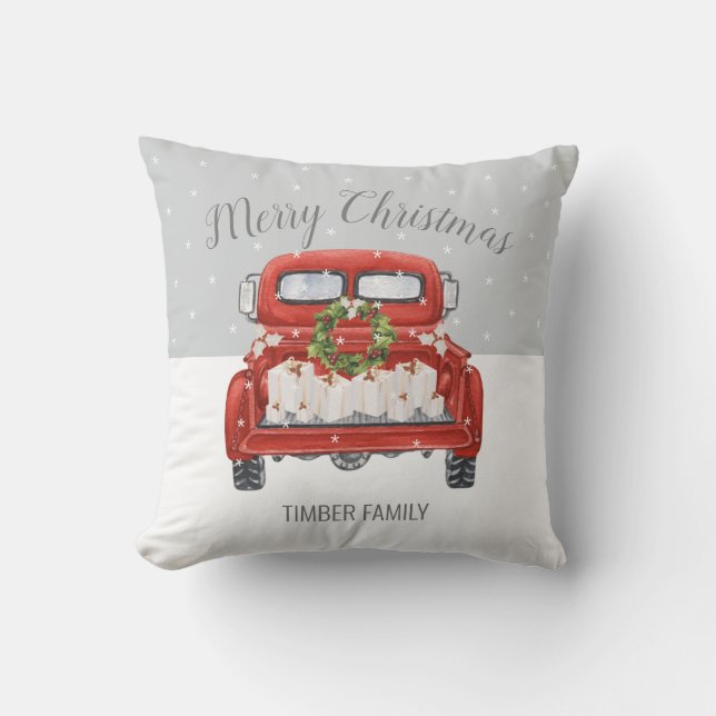 Vintage Red Truck Gray White Christmas Throw Pillow (Front)