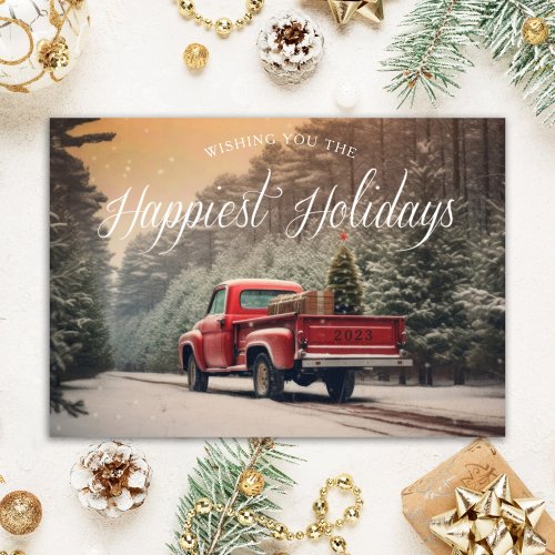 Vintage Red Truck Happy Holidays Christmas Card