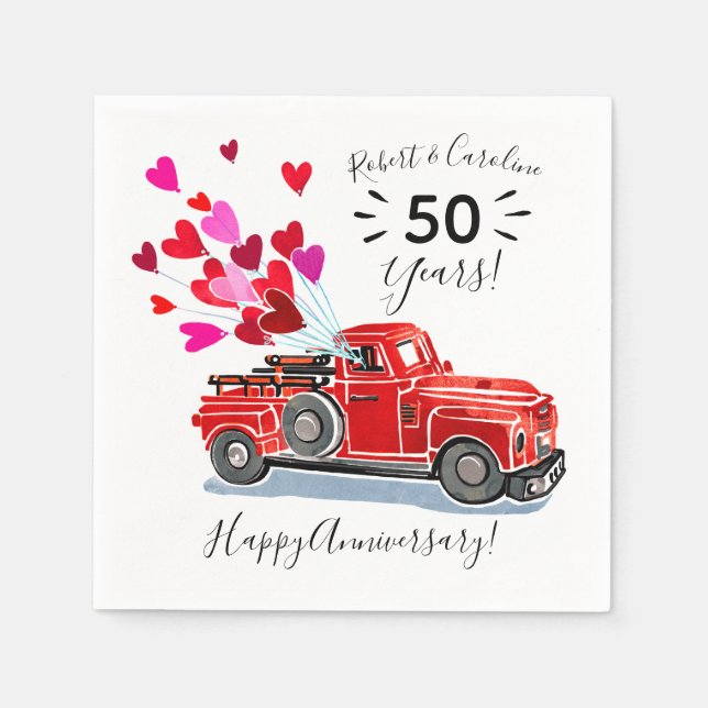 Vintage Red Truck Hearts Anniversary Add Names Napkins (Front)