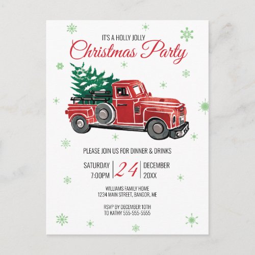 Vintage Red Truck Holly Jolly Christmas Party Invitation Postcard