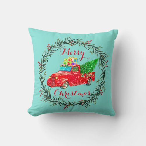 Vintage Red Truck  Holly Wreath Christmas On Aqua Throw Pillow