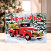 Vintage Red Truck in Snowy Forest Christmas