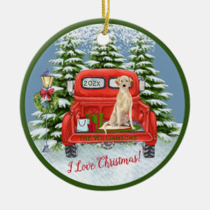 Vintage Red Truck Lab Retriever Snow Family Name   Ceramic Ornament