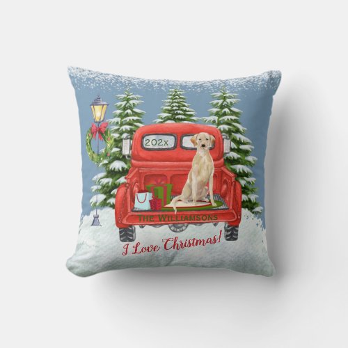 Vintage Red Truck Lab Retriever Snow Family Name   Throw Pillow
