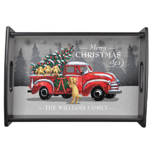 Vintage Red Truck Labrador Dog Christmas B&W Serving Tray