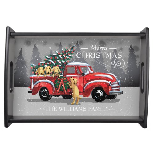 Vintage Red Truck Labrador Dog Christmas BW Serving Tray