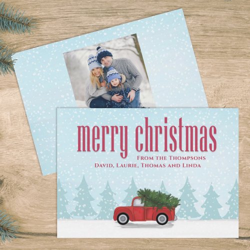 Vintage Red Truck Merry Christmas Back Photo Holiday Card