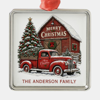 Vintage Red Truck Merry Christmas Barn Personalize Metal Ornament