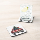 Vintage Red Truck Merry Christmas Beverage Coaster (Right Side)