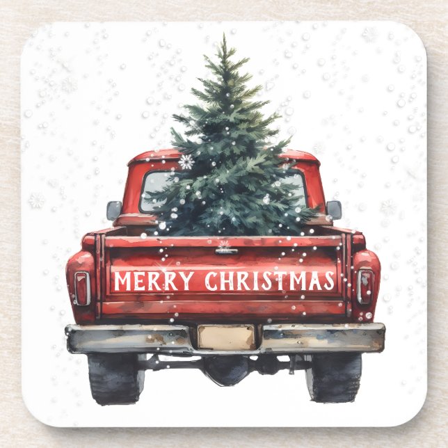 Vintage Red Truck Merry Christmas Beverage Coaster (Front)