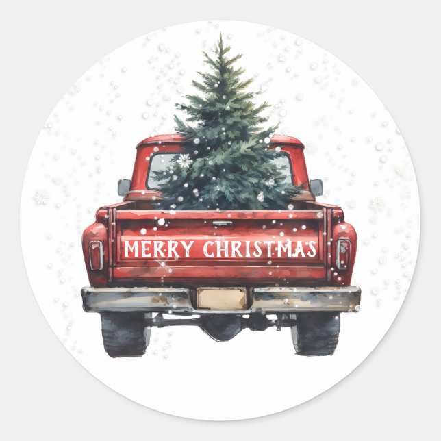 Vintage Red Truck Merry Christmas Classic Round Sticker (Front)