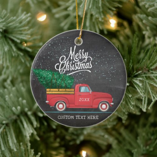 Vintage Red Truck Merry Christmas Custom Text Year Ceramic Ornament