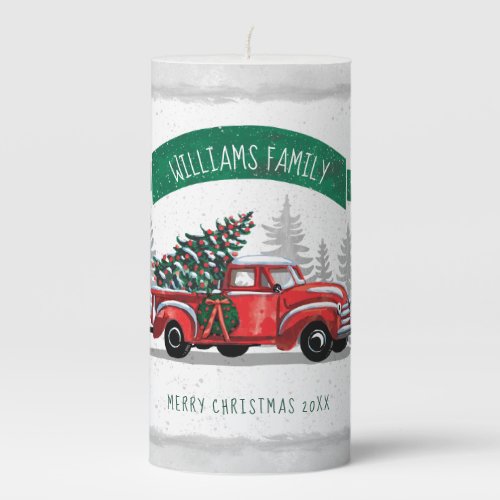 Vintage Red Truck Merry Christmas Family Name Pillar Candle