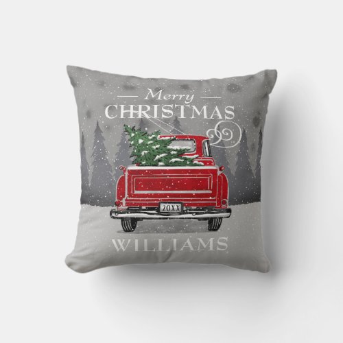 Vintage Red Truck Merry Christmas Family Name Throw Pillow