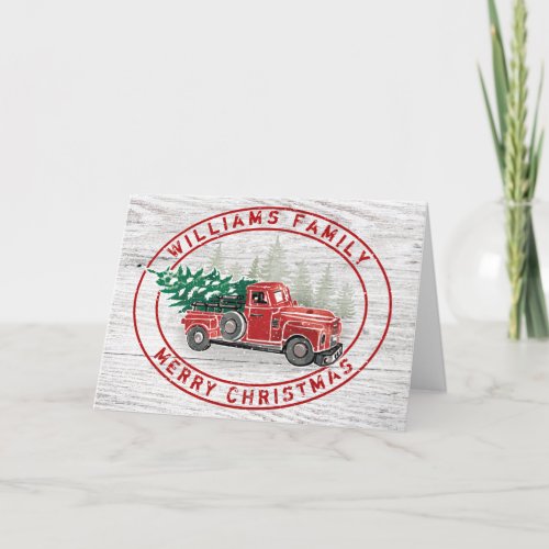 Vintage Red Truck Merry Christmas Family Name Wood Holiday Card