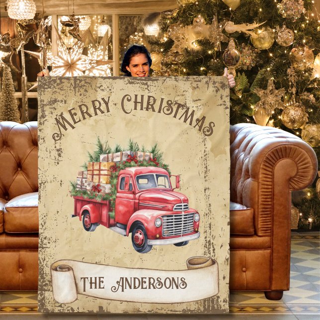 Vintage Red Truck Merry Christmas Fleece Blanket (Creator Uploaded)