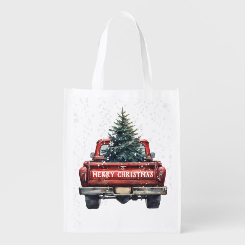Vintage Red Truck Merry Christmas Grocery Bag