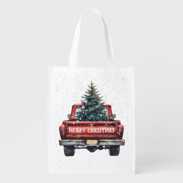 Vintage Red Truck Merry Christmas Grocery Bag (Front)