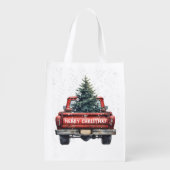 Vintage Red Truck Merry Christmas Grocery Bag (Back)