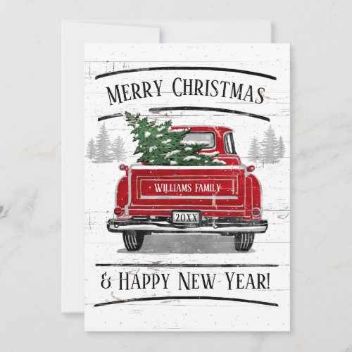 Vintage Red Truck Merry Christmas Happy New Year Holiday Card