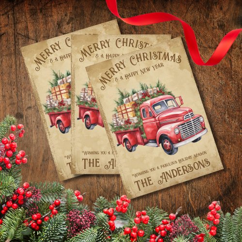 Vintage Red Truck Merry Christmas Happy New Year Holiday Card