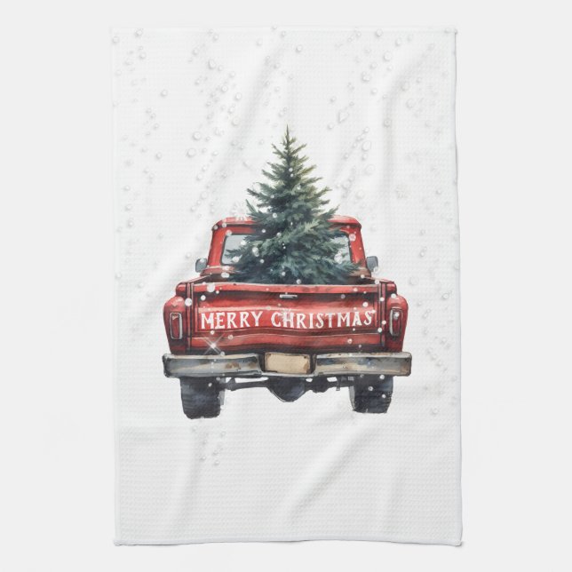 Vintage Red Truck Merry Christmas Kitchen Towel (Vertical)