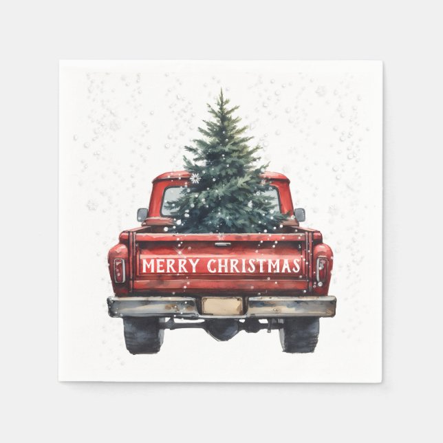 Vintage Red Truck Merry Christmas Napkins (Front)