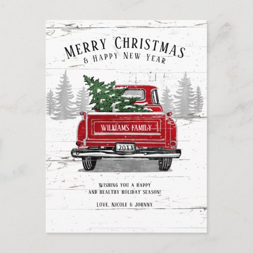 Vintage Red Truck Merry Christmas New Year Rustic  Holiday Postcard