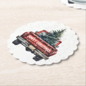 Vintage Red Truck Merry Christmas Paper Coaster (Angled)