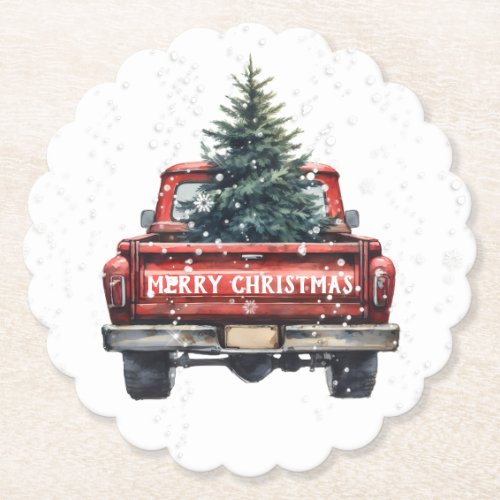 Vintage Red Truck Merry Christmas Paper Coaster
