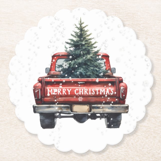 Vintage Red Truck Merry Christmas Paper Coaster (Front)