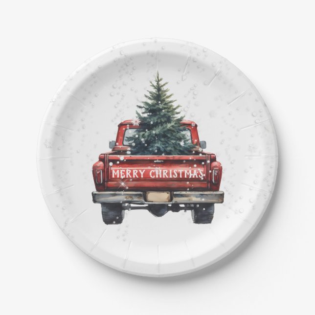 Vintage Red Truck Merry Christmas Paper Plates (Front)