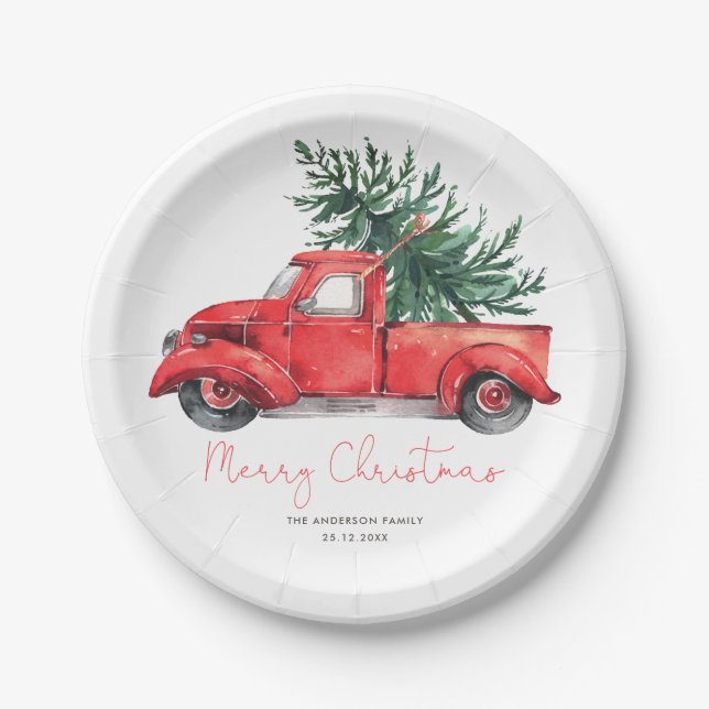 Vintage Red Truck Merry Christmas Party Paper Plates (Front)