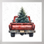 Vintage Red Truck Merry Christmas Poster<br><div class="desc">An old fashioned themed Christmas featuring a vintage red truck with a Christmas tree with snow and falling snowflakes. The Merry Christmas is editable.</div>