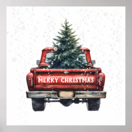 Vintage Red Truck Merry Christmas Poster